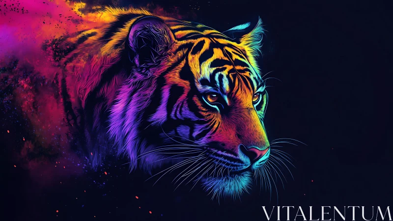 Neon tiger portrait with vibrant cosmic color bursts.