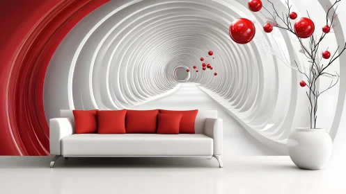 Modern white sofa in futuristic tunnel room with red accents.