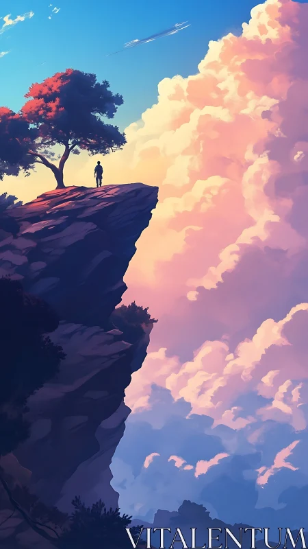 Solitary figure on cliff edge above luminous sunset clouds.