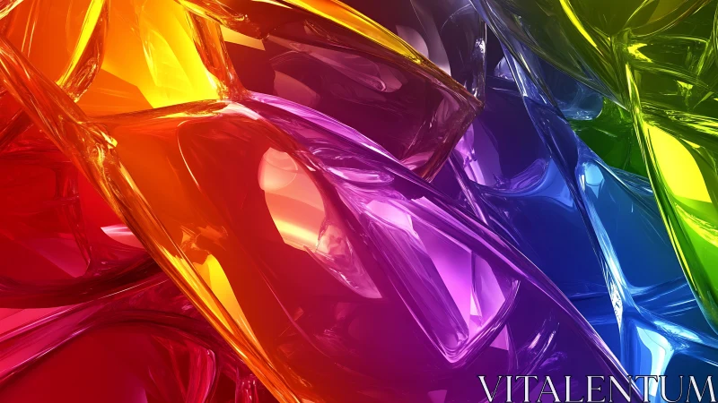 3D chromatic glass ribbons in layered abstract composition.