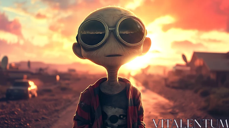 Desert alien youth in oversized goggles at neon sunset.