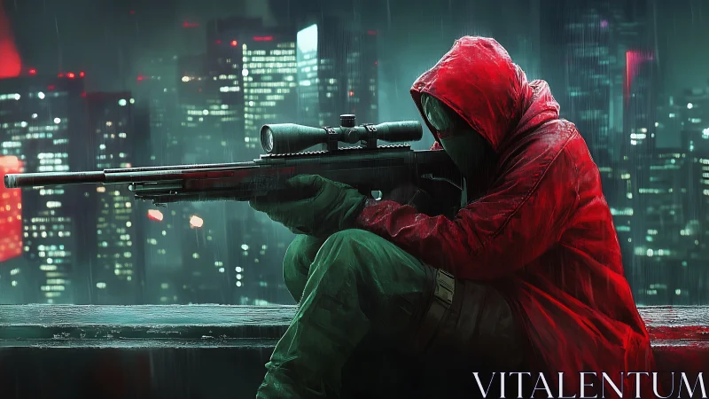 Sniper operator positioned on urban rooftop against night cityscape
