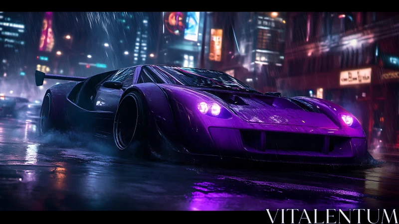 Neon purple supercar races through a rain-soaked nightscape.
