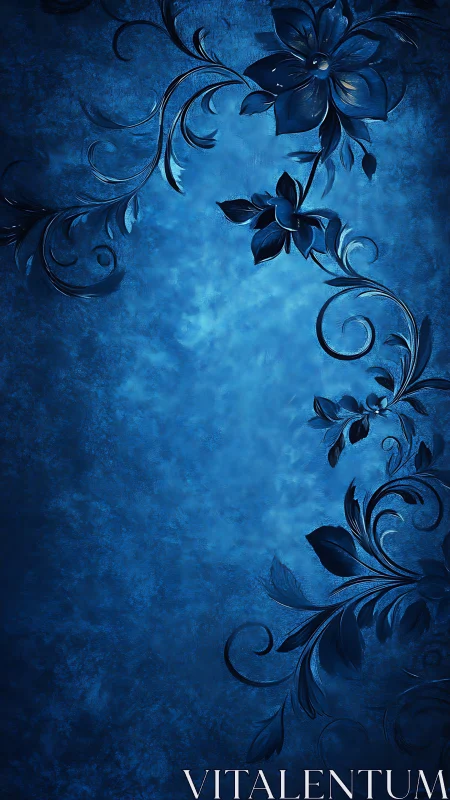 Ornate blue floral scrollwork on textured vertical background.