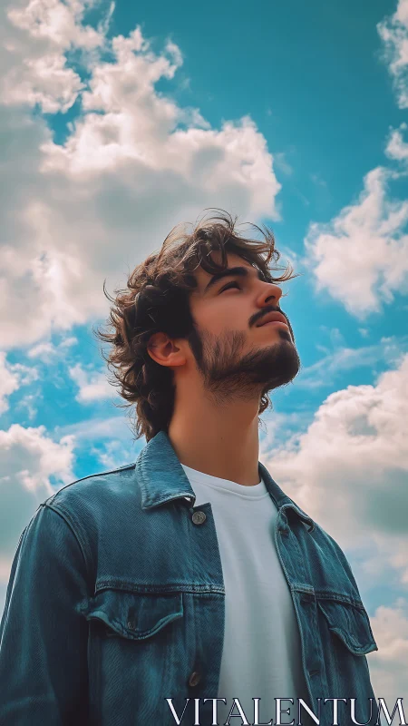 Young man in denim jacket looking up at bright sky.
