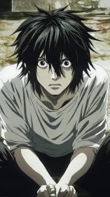 Thoughtful anime boy sitting lost in deep, quiet focus.