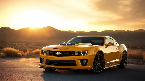 Yellow Chevrolet Camaro stands on open road at sunset