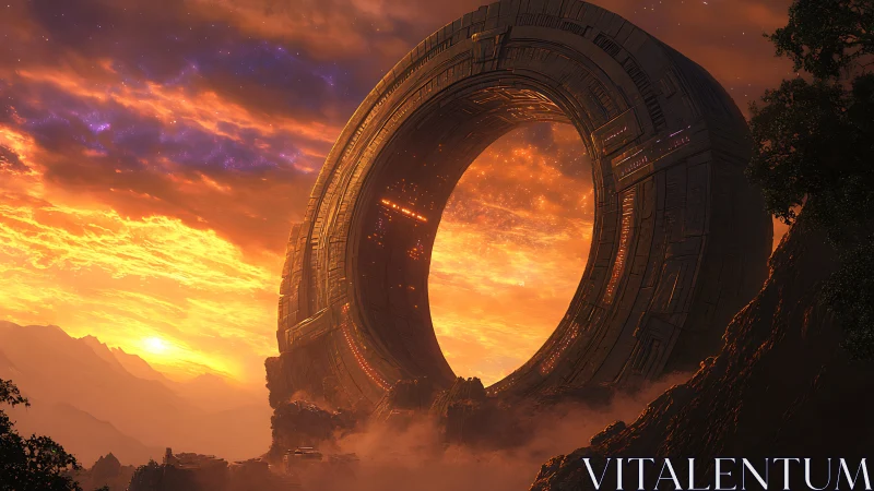 Colossal ring-shaped portal dominates a cinematic alien sunset