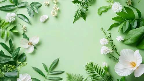 White Florals and Green Foliage Frame Serene Botanical Arrangement