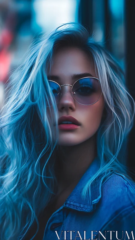 Cyan-lit portrait isolates cool-toned hair, denim texture, circular lenses