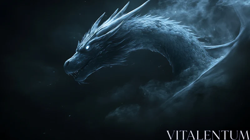 Cryogenic spectral dragon rendered in volumetric blue haze.