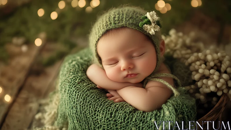 Neonatal Portrait with Sage Knit Wrap and Floral Accents