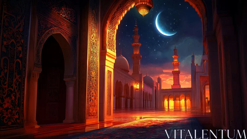 Crescent moon over glowing mosque courtyard at twilight