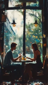 Two figures seated at table viewing urban street through window panes