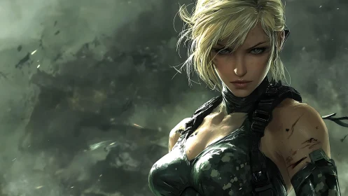 Storm-eyed tactical heroine stalks through smoky battlefield haze