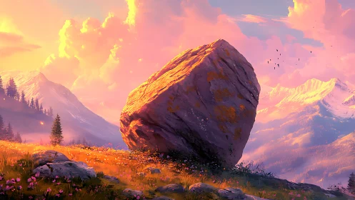 Large boulder dominates sunlit alpine meadow at sunset