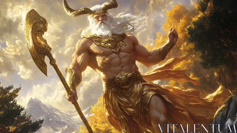 Titanic horned war god wielding ornate golden battle axe