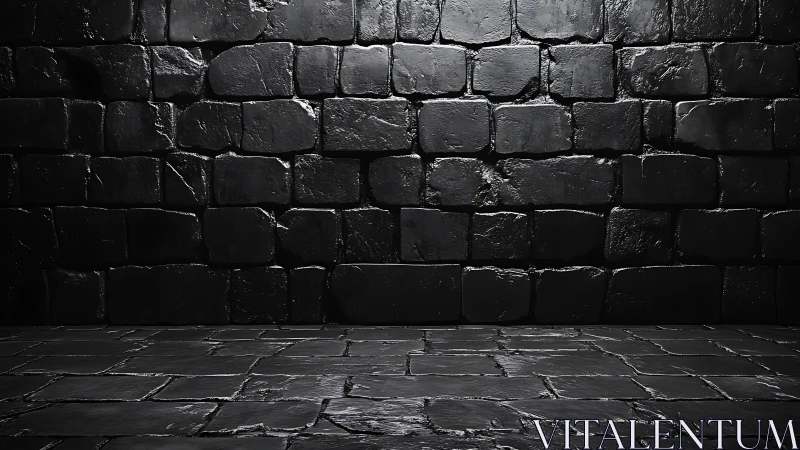 High contrast black stone wall and floor with glossy texture