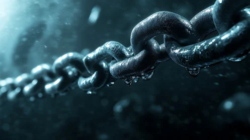 Macro underwater steel chain with specular highlights rendered.