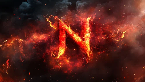 Fiery letter N emblem within dense dark smoke field.