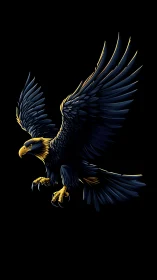 Golden-highlighted eagle rendered in mid-flight on black