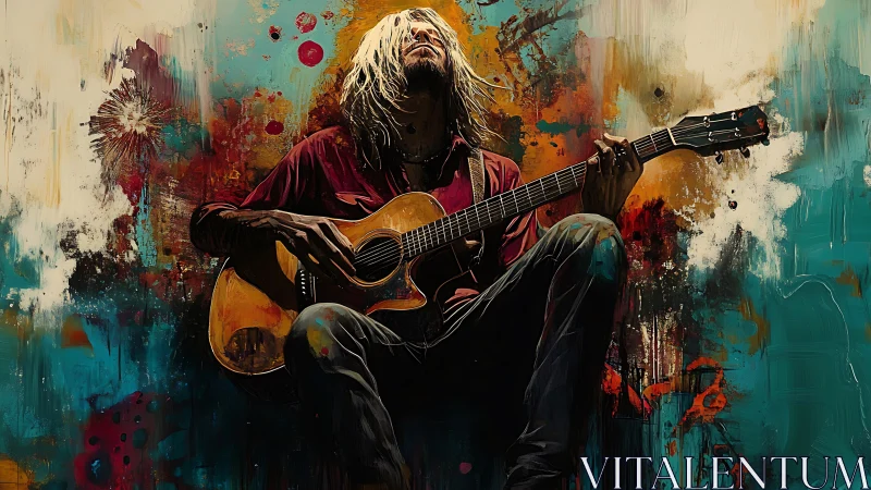 Digital painting of acoustic guitarist within abstract chromatic field.