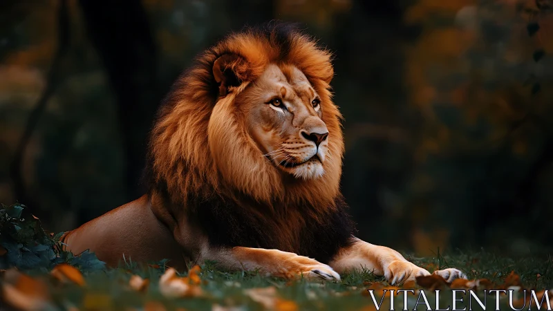 Regal lion reclining in autumnal forest glow at dusk.