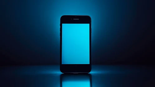 Black Smartphone Glowing Cyan Display on Dark Background.
