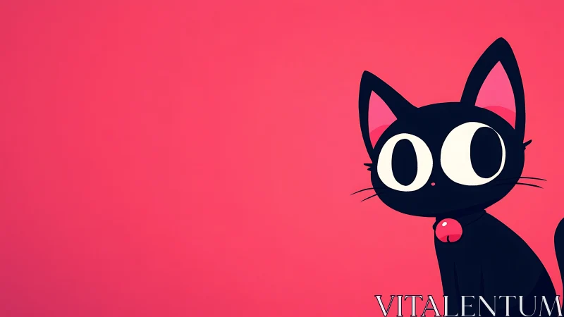 Stylized Black Feline Character with Oversized Eyes Against Vibrant Pink Background