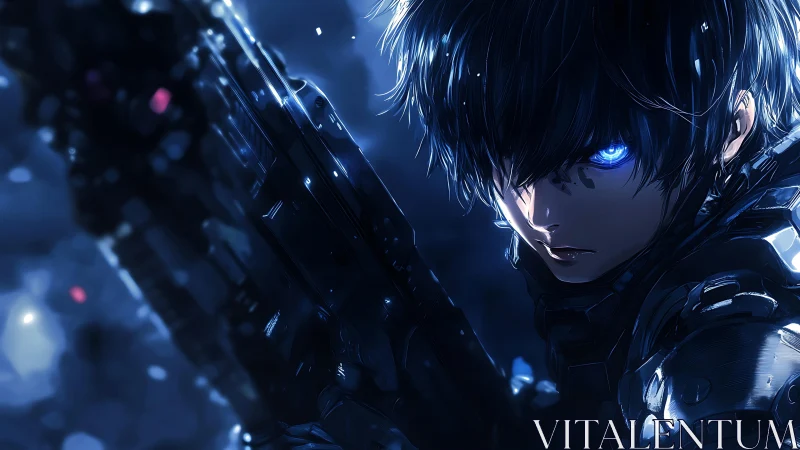 Armored figure holds rifle in blue illuminated close-up