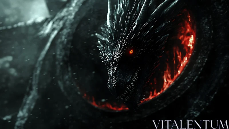 Black dragon head emerging from fiery circular portal.