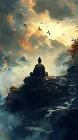 Solitary monk contemplates luminous storm clouds above valley