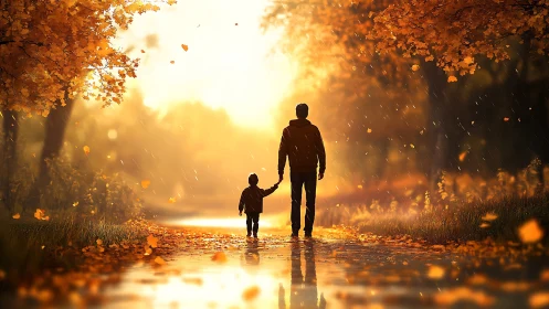 Two figures walk through a wet autumn pathway at sunset