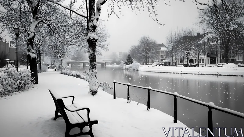 Snow covered riverside path with bench in quiet town