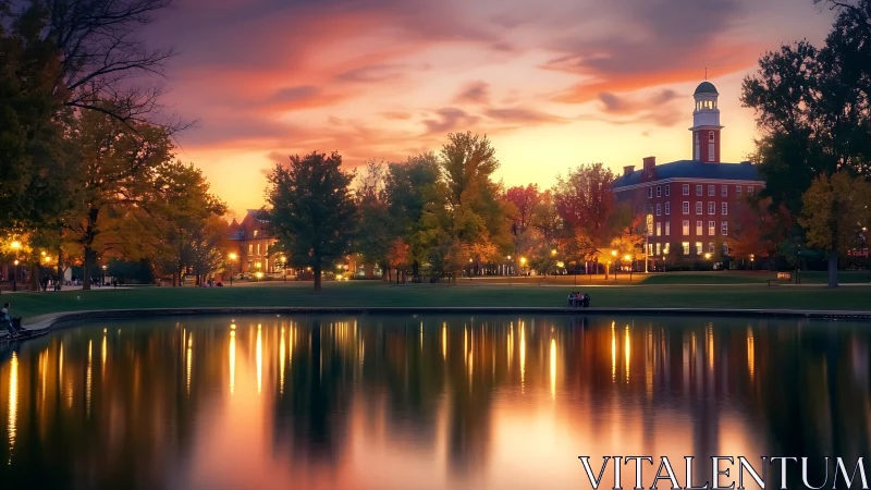 Autumn campus skyline mirrored in glowing sunset lake.