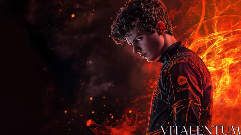 Young man in dark jacket framed by stylized digital flames