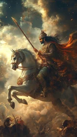 Armored cavalry warrior on rearing white horse in stormlit battle