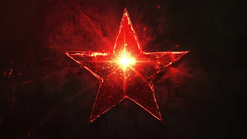 Luminous red star emblem with radiant central light source.