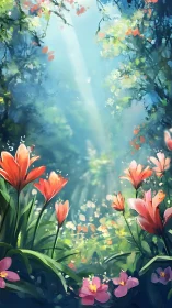 Luminous Garden Sanctuary: Digital Floral Landscape with Atmospheric Light.