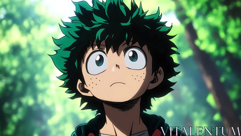 Anime boy with green hair stares upward in forest light