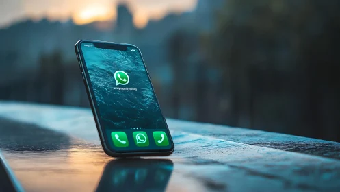 Smartphone with WhatsApp UI rendered in shallow depth outdoor scene