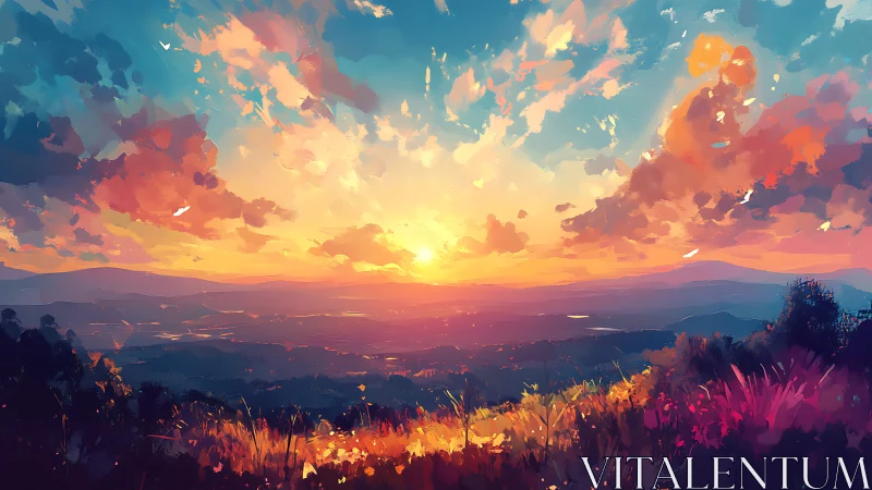Radiant sunset spills warm light across painted valley sky