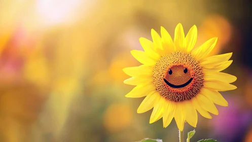 Smiling sunflower portrait in warm bokeh summer light.