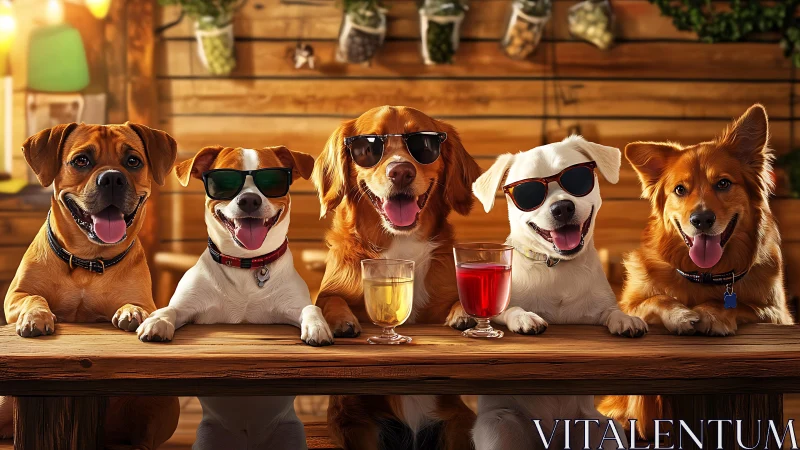 Photorealistic canine bar scene with symmetrical lineup.