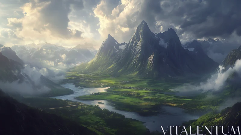 Dramatic alpine valley with river meanders under stormlit clouds