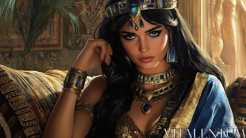 Regal desert queen resting beneath a golden palace glow.