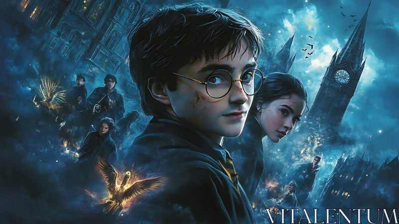 Young wizard amid stormy blue magic and looming clocktower.