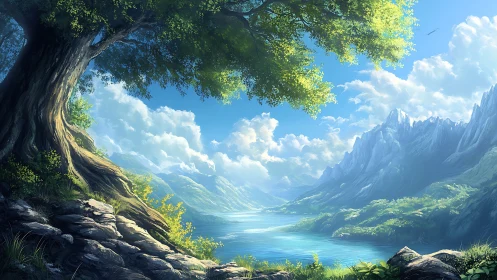 Mountain lake valley under tree canopy in clear daylight.