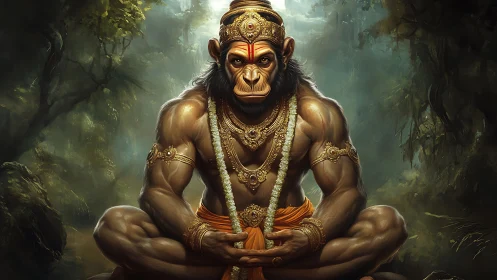Jungle warrior deity ape meditates in gilded forest glow.