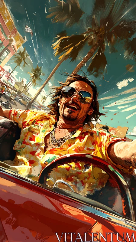 Sunlit joyride through palm-lined coastal boulevard.